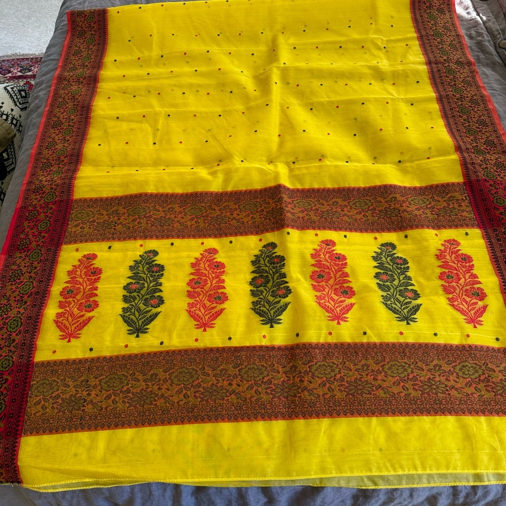 Lemon yellow handloom katan silk designer chanderi saree